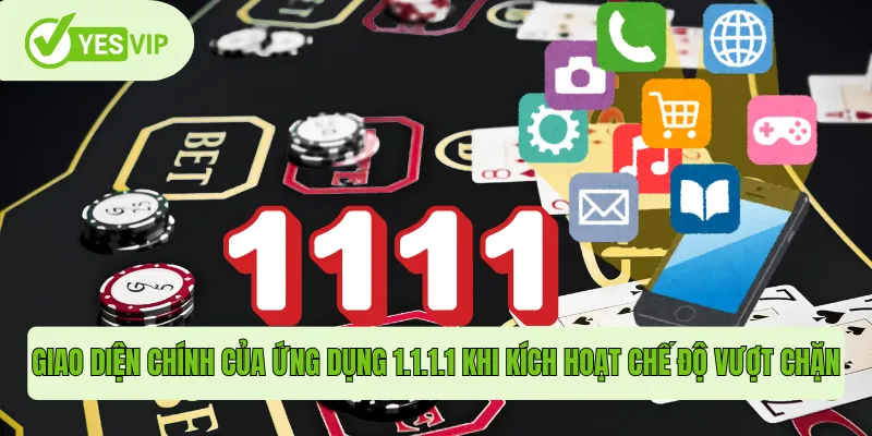 Giao diện chính của ứng dụng 1.1.1.1 khi kích hoạt chế độ vượt chặn